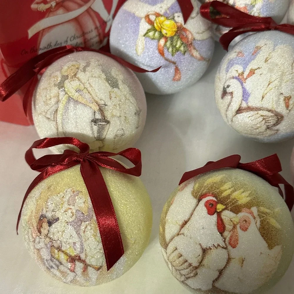 12 Days of Christmas Sugar Ball Ornament Set Excellent Glittered‎ Red Boxed 12pc